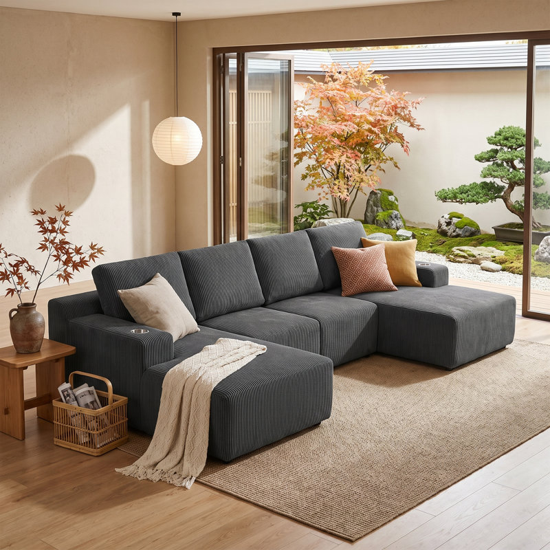 Canapé modulaire en U avec méridienne Denelle, Gris
