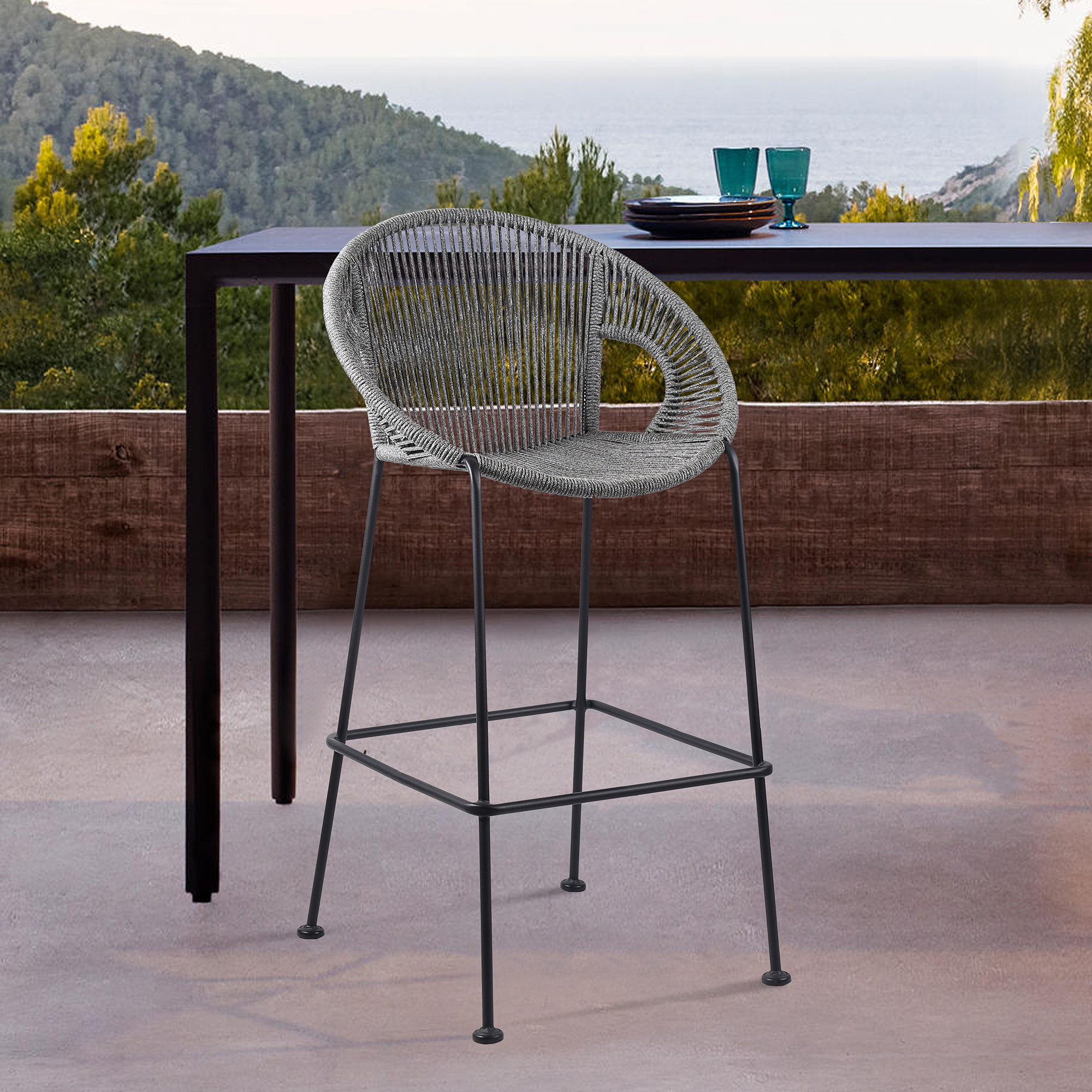 Champlost Outdoor Patio Steel Counter or Bar Stool with Rope, Gray Rope, 30"