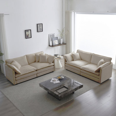 2 - Piece Living Room Set , 2 Pieces Upholstered Loveseat And Couch For Home Office Lounge,  Sofa Set Of 2, 2-Piece (2+2 Seat) Couch Set For Living Room ,Beige Chenille