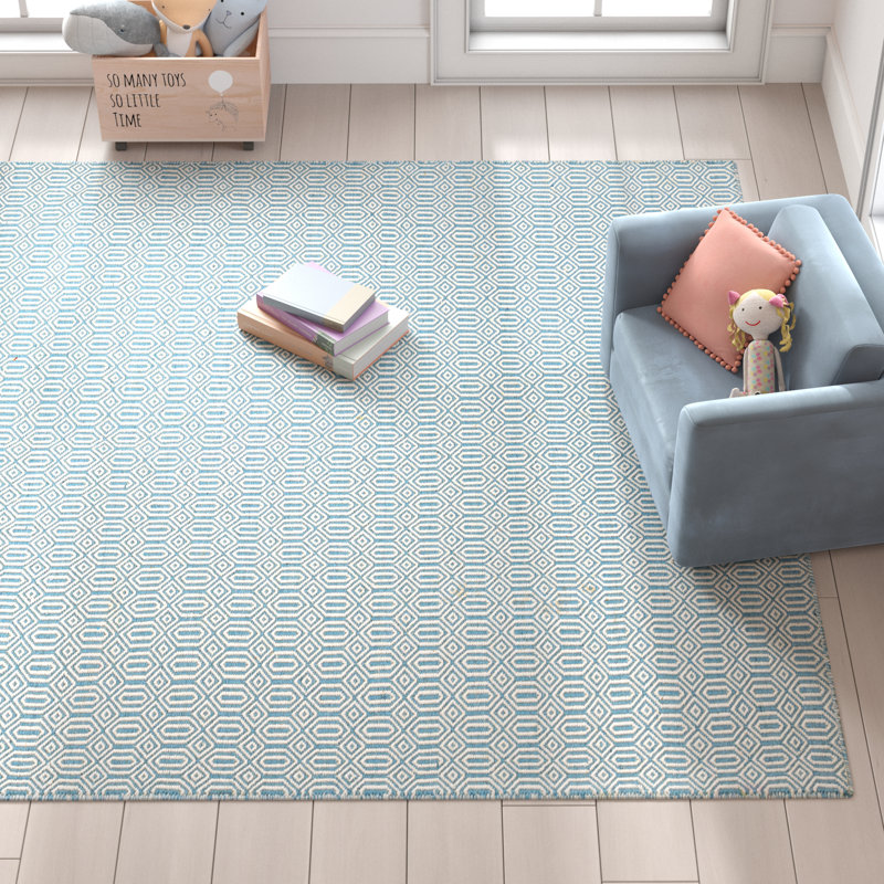 Tapis bleu / ivoire tissé à la main à plat, Rectangle 8 pi x 10 pi