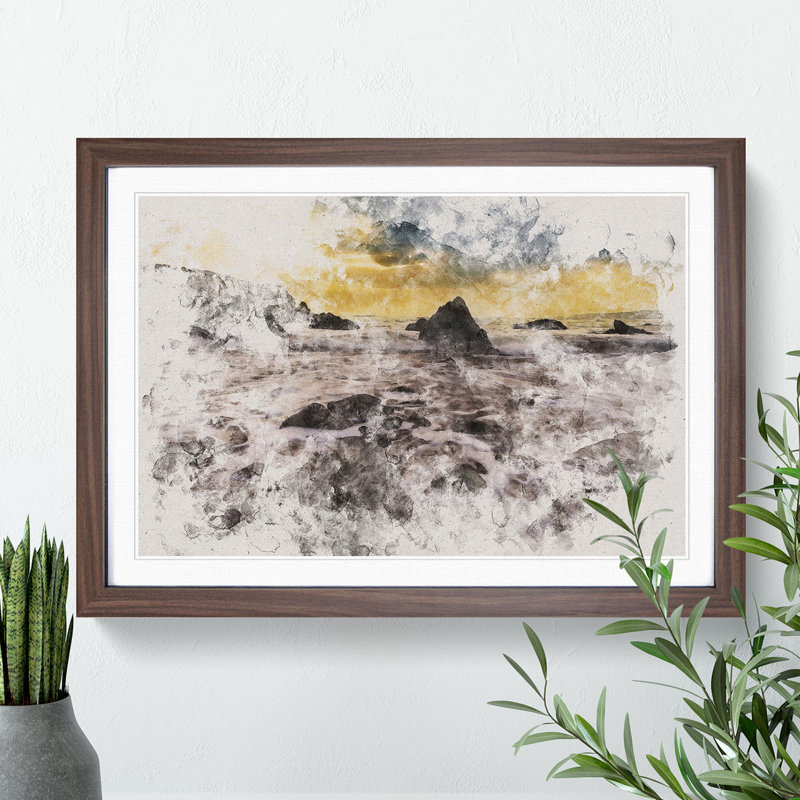 Beach and Rocks Watercolour - Picture Frame Graphic Art, 27cm H x 36cm W x 2cm D, Walnut