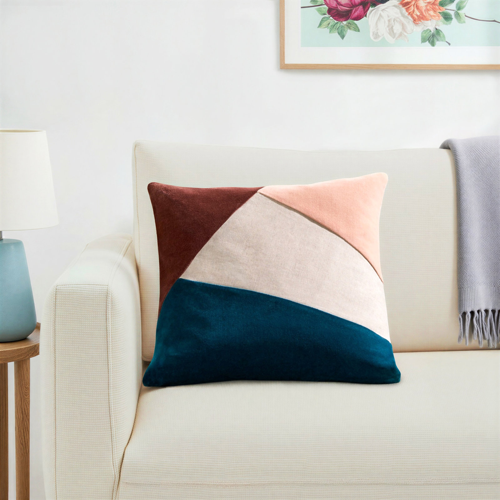 Kat Geometric Cotton Throw Pillow, 22" H x 22" W, Teal/Pale Pink, Down