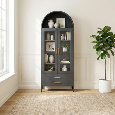 Tall Arched Storage Cabinet 73", Black Metal Curio Cabinet with Glass Door, 2 Drawers and 2 Adjustable Shelves, Modern Freestanding Display Cabinet for Living Room, Dining Room, Entryway, Home Office