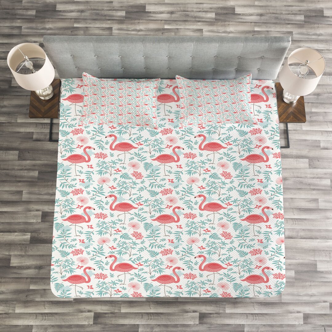 Gestepptes Bettdecken-Set, Botanischer Flourish, Flamingo, Seafoam Coral Weiß