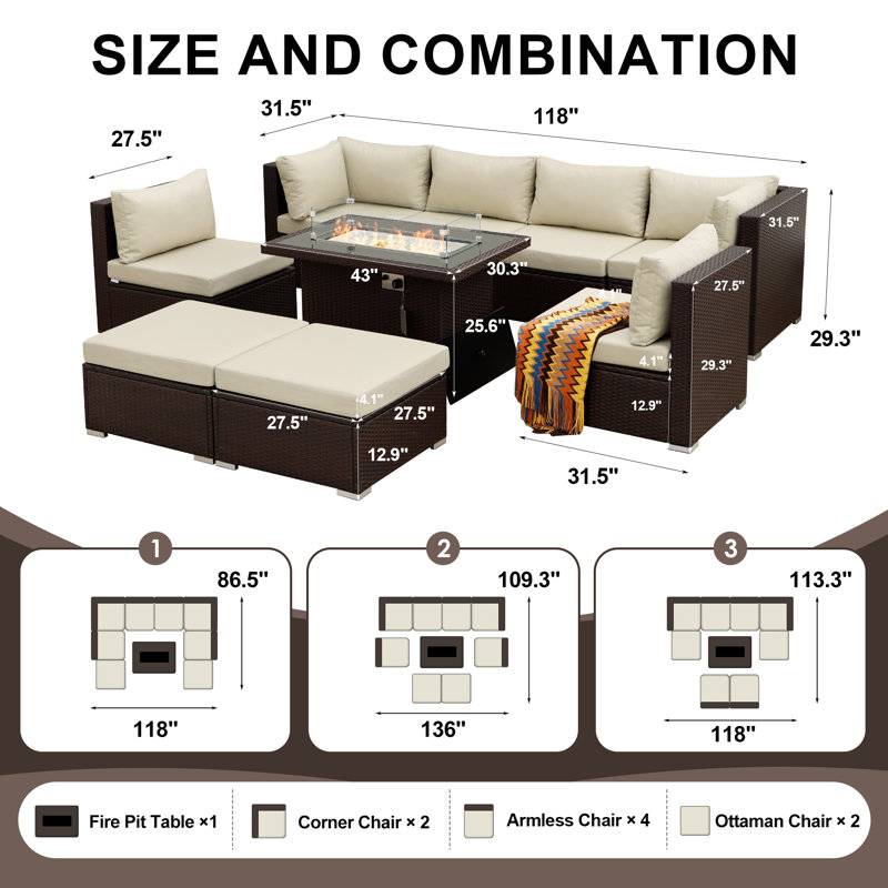 Ensemble de canapé modulaire en osier 9 pièces avec table de foyer et coussins de siège profond 9 pièces, Beige, Brun