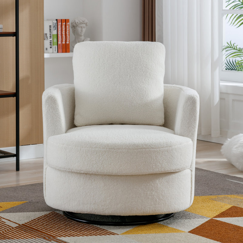 32"W Slipcovered Upholstered Swivel Barrel Chair, Ivory Boucle