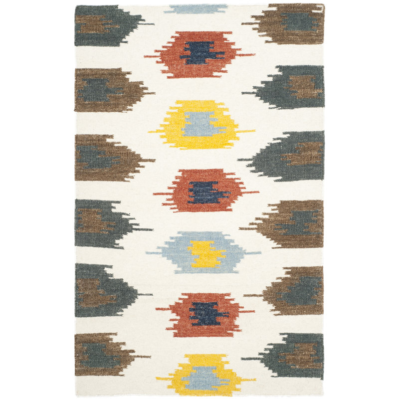 Rodgers Hand Woven Flat Weave Wool/Cotton Ikat Rug in Ivory, Rectangle 3' x 5'
