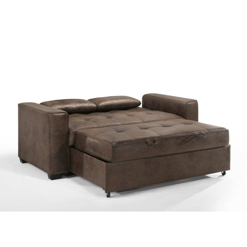 Kridia 77'' Faux Leather Reclining Sleeper Sofa, Dark Brown Faux Leather, Queen