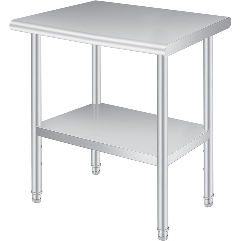 Table de préparation en acier inoxydable 24 po x 36 po avec coins arrondis, 0,8 mm d'épaisseur de qualité commerciale, tablette réglable, charge de comptoir robuste de 660 lb, pour usage commercial et extérieur