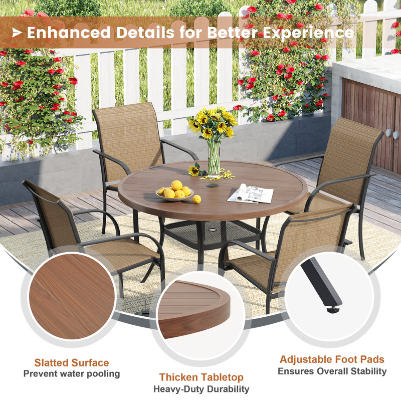 Round 4 - Person Outdoor Dining Set with 4 Stackable PVC-coated polyester Armrest Chairs, Brush Wood Brown/Brown