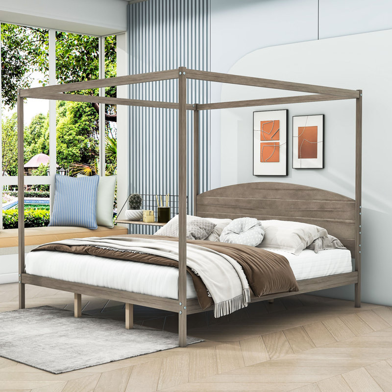 King Wood Canopy Platform Bed with Headboard, Brown Wash