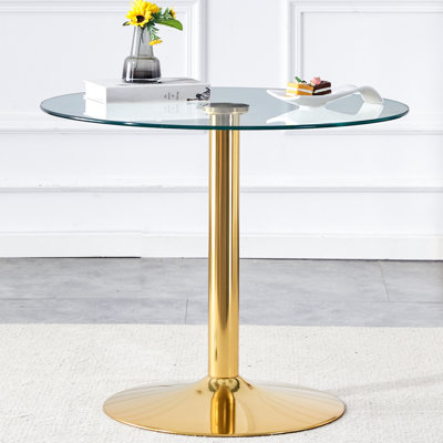 Table ronde moderne minimaliste avec plateau en verre trempé de 35 pouces et pieds en métal doré, polyvalente pour différentes pièces