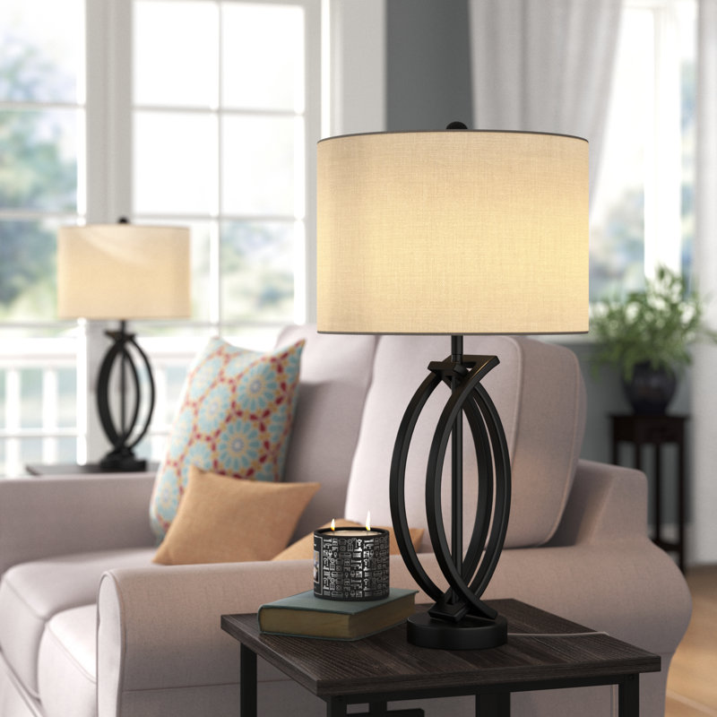Burholme 26" Black Metal Industrial Table Lamp with 3-way Dimmable Light, Black/White Shade