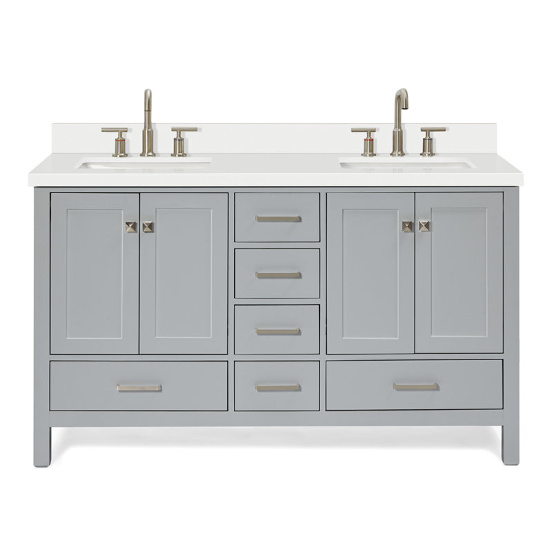  Ensemble de meuble-lavabo double 61 ", Gris / Nickel brossé, Rectangular