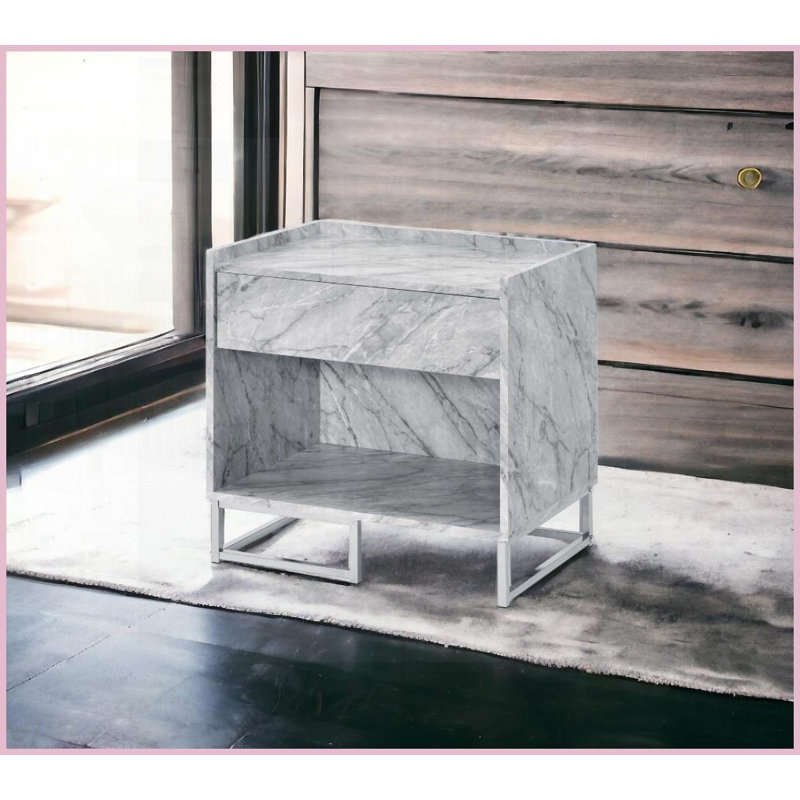 White Printed Faux Marble &amp; Chrome Coffee Table with 1 Drawer &amp; Open Storage – Space-Saving &amp; Easy Assembly