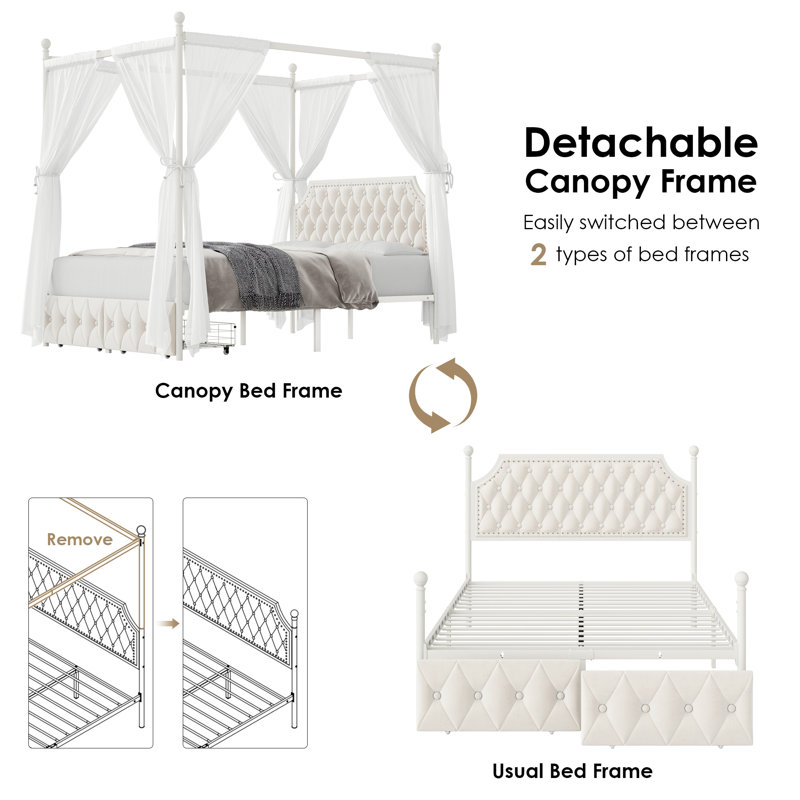 Artevious Upholstered Metal Canopy Storage Bed, Off White, Full