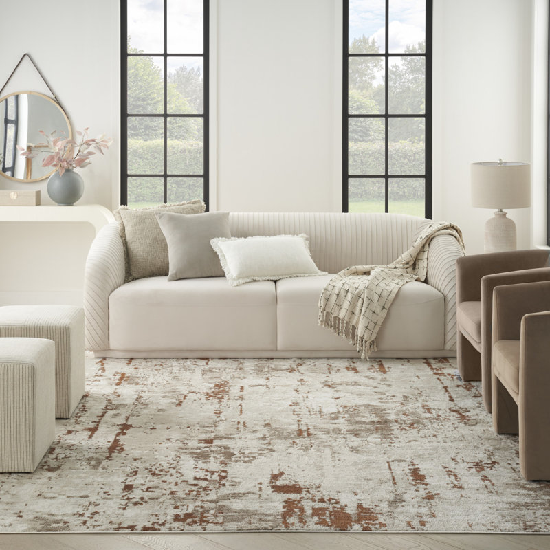 Tapis beige / gris en polyester / polypropylène tissé à la machine Addie, Ivoire / rouille, Rectangle 10 pi x 14 pi