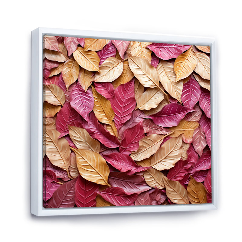 Or et feuilles roses, charme artistique II, Cadre flottant blanc, H 16 po x l 16 po x P 1 po
