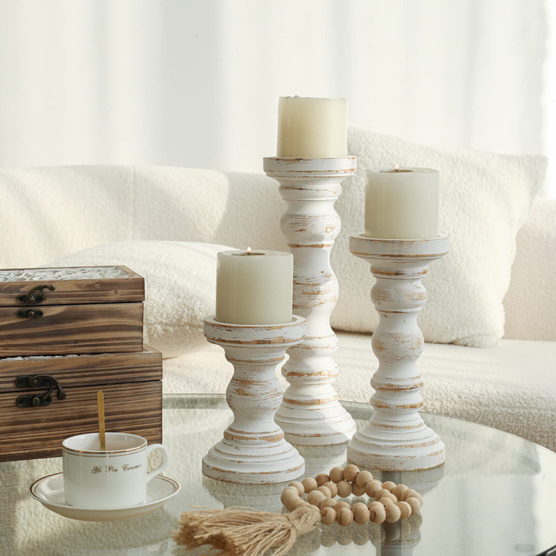 3-Piece Distressed White Wood Candle Holder Set – Rustic Farmhouse Pillar Candle Stands in 3 Heights for Living Room, Dining Table, and Home Decor