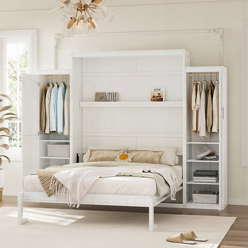 Lit escamotable peu encombrant avec 2 garde-robes et tablette de rangement, lit pliant multifonctionnel pour chambre d'amis et chambre à coucher