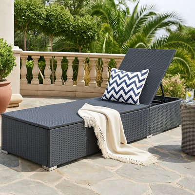 Chaise longue d'extérieur ajustable, coussin, rotin Nino
