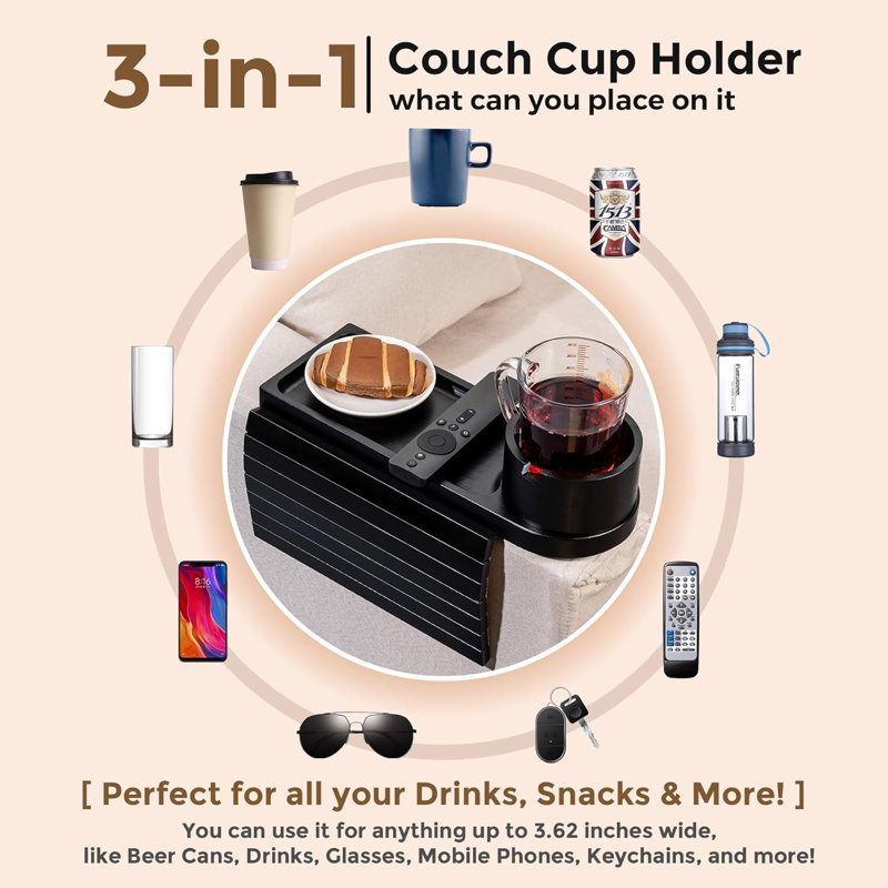 3 in 1 Foldable Sofa Arm Tray Table for Remote, Snacks, Bamboo, 15.75"W x 13"D x 0.4"H