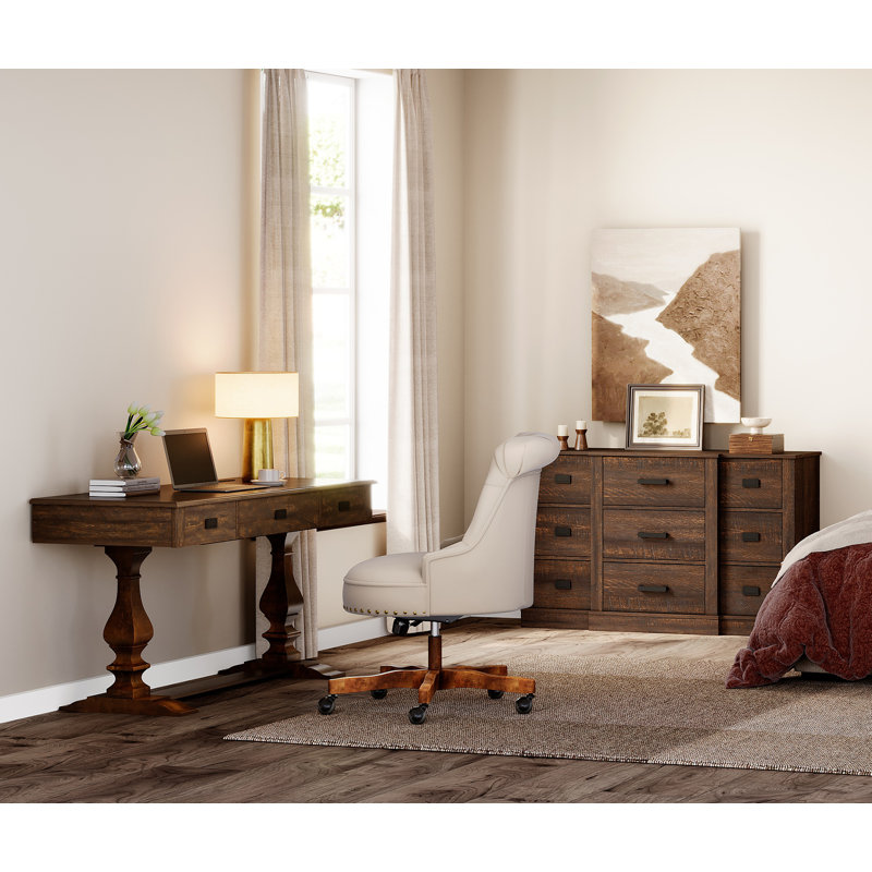 Farmhouse Office Desk & 9-Drawer Storage System - Complete Workspace Solution With Integrated Power Station, Brown/Dark Brown