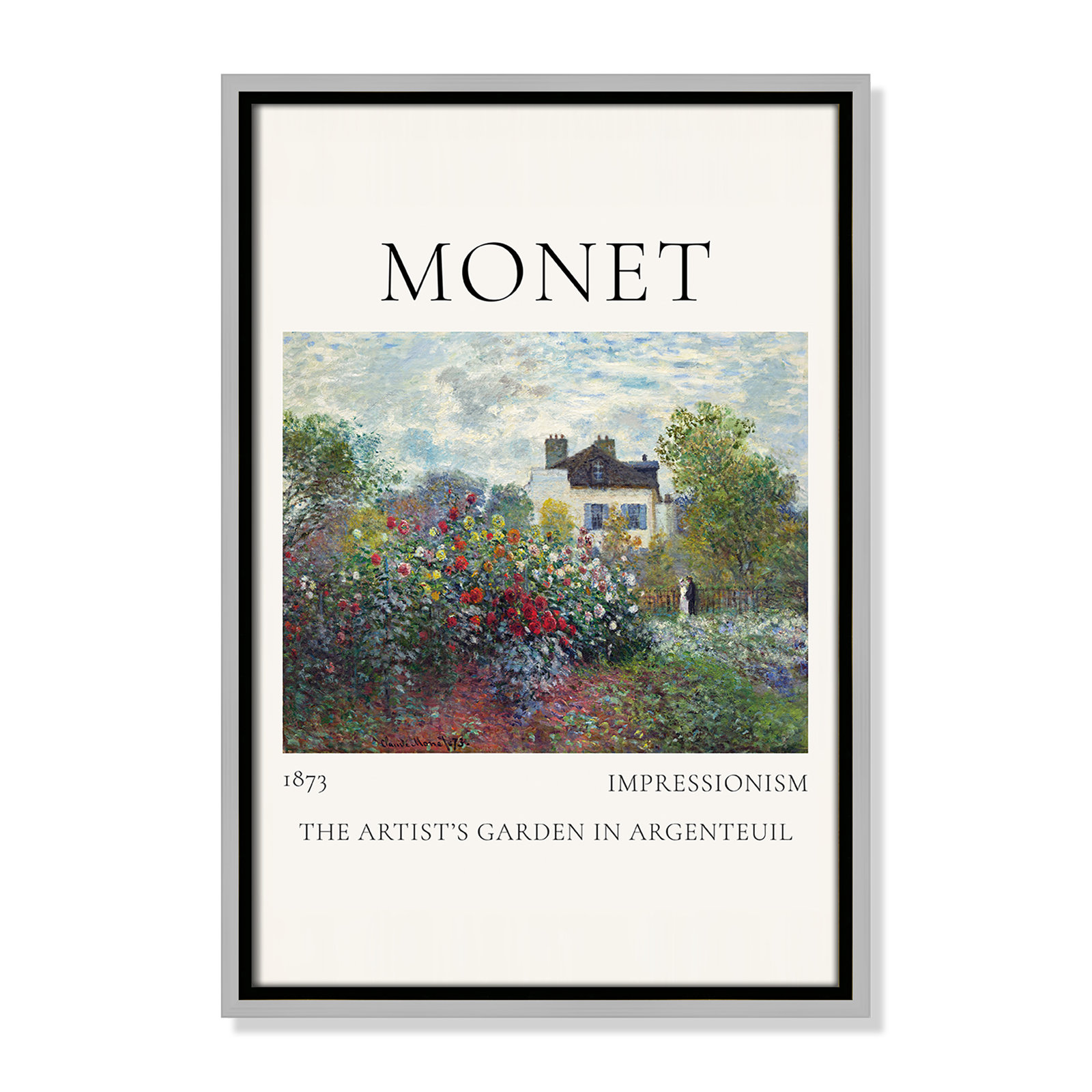 Artists Garden in Argenteuil Print by Claude Monet, No, 19.5" H x 13.5" W x 2" D, Silver Floater Frame