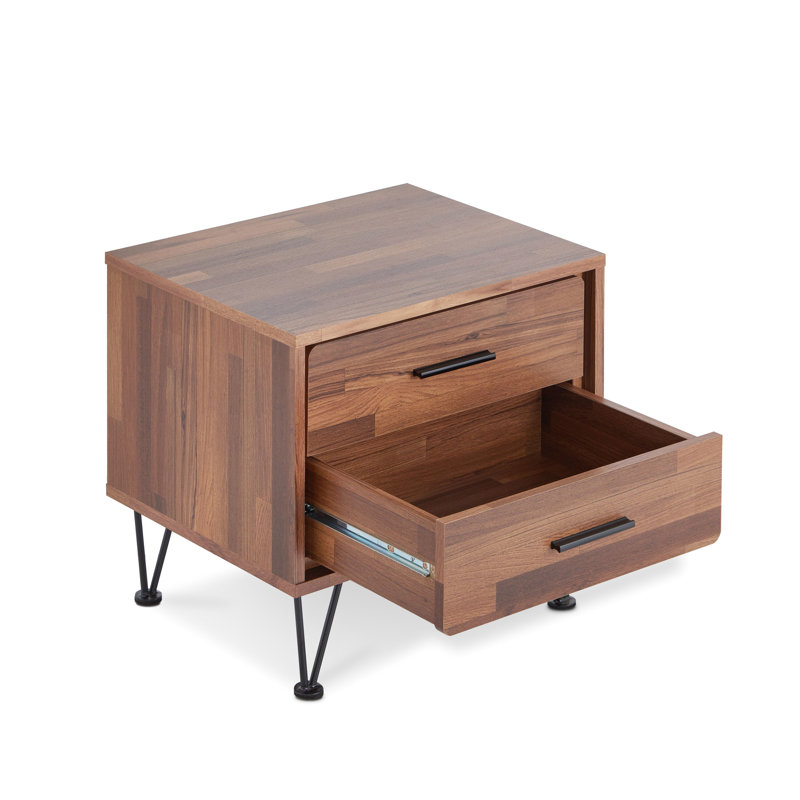 Walnut Finish Accent Table With 2 Storage Drawer Units And Metal Legs