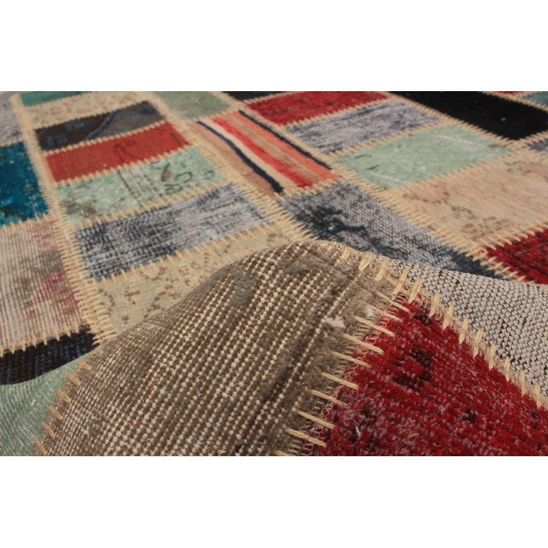 Tapis décoratif en laine de conception unique noué à la main New Age 5 pi 8 po x 7 pi 9 po Berlene en gris clair/bleu sarcelle/rouge