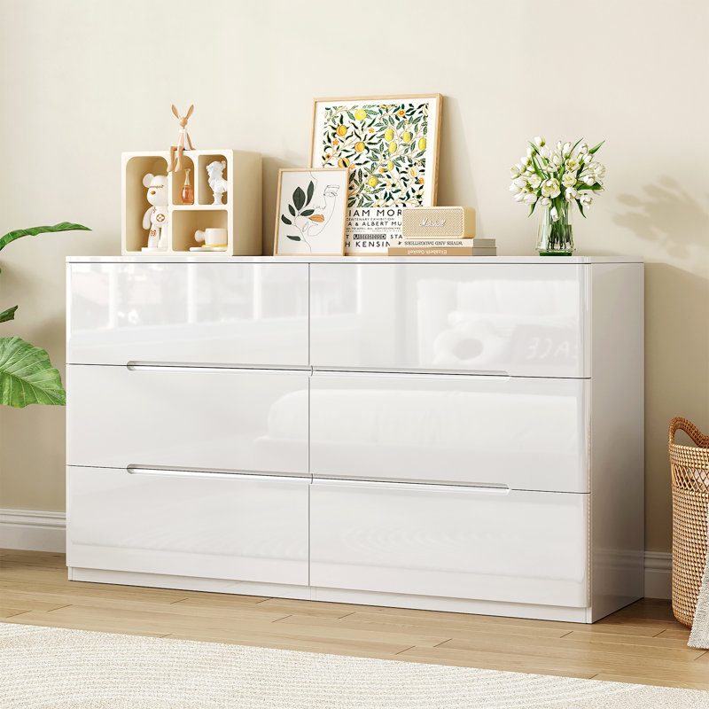 47’’ Modern 6 Drawer Dresser for Bedroom, White High Gloss Chest of Drawer For Living Room, Hallway, White
