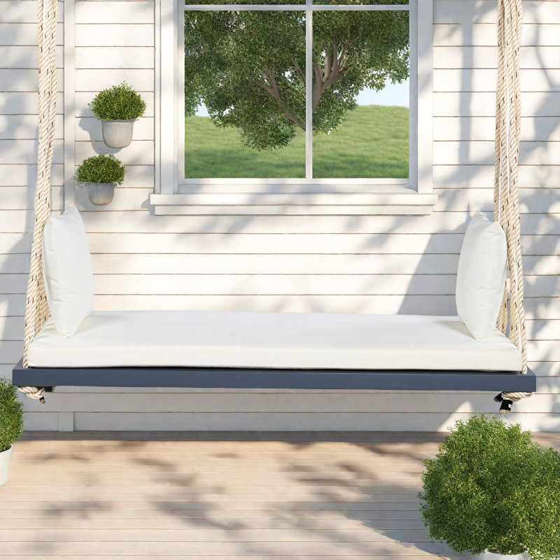 Balancelle de patio suspendue en bois avec coussin et coussins, Gris, Beige