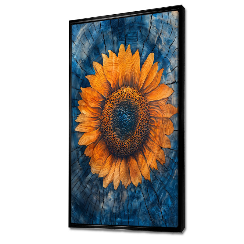 Tournesols dorés sur une glissade sur bois - Tournesols encadrés, H 60 po x l 28 po, Impression encadrée flottante, Noir