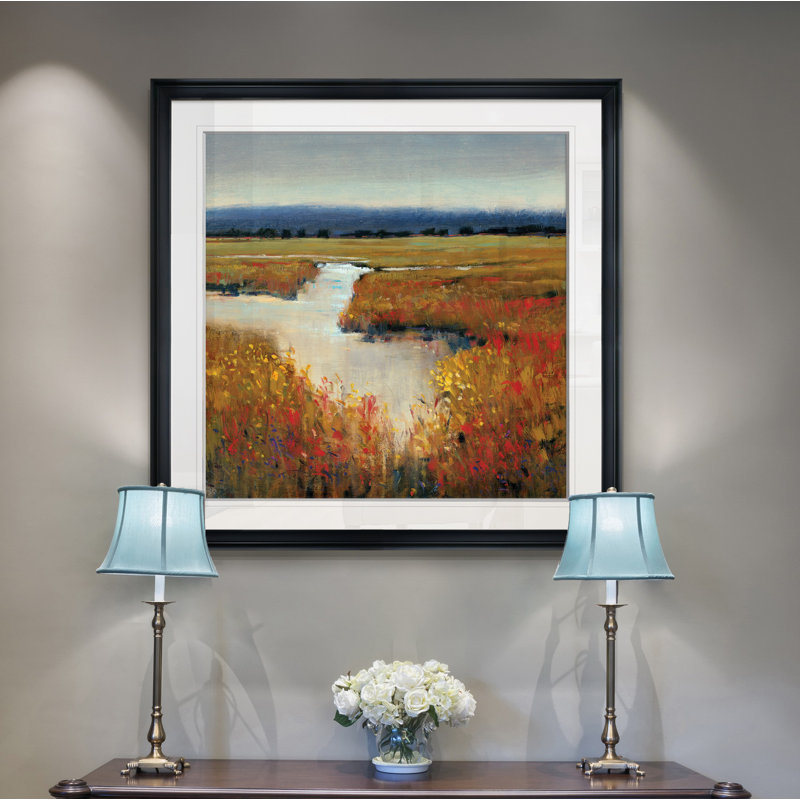 « marshaling land i », peinture, H 28 po x l 28 po x P 1,5 po, Cadre noir