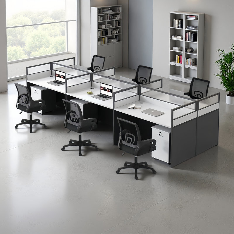 Rectangular Office Cubicle, Benching Workstation With Cable And Office Chair, 6, 43.3" H x 142.52" W x 47.24" D