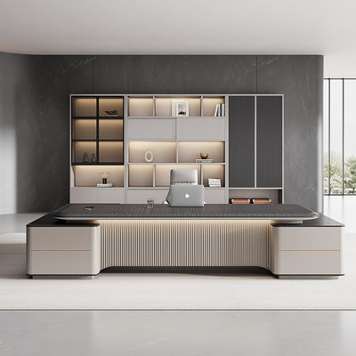 94.49" Modern Light Luxury L-Shaped Executive Desk – Floating Desktop with Combination Lock Side Cabinet, Grille Privacy Panel, Business CEO Office De