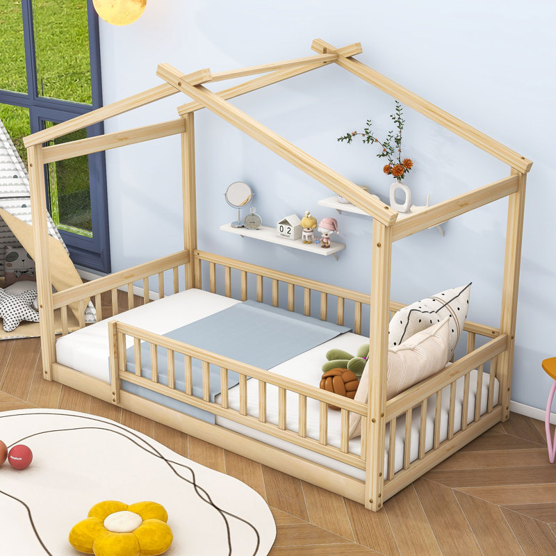 Structure de lit en bois avec clôture Akeiba, pour enfants, adolescents, Simple, Naturel