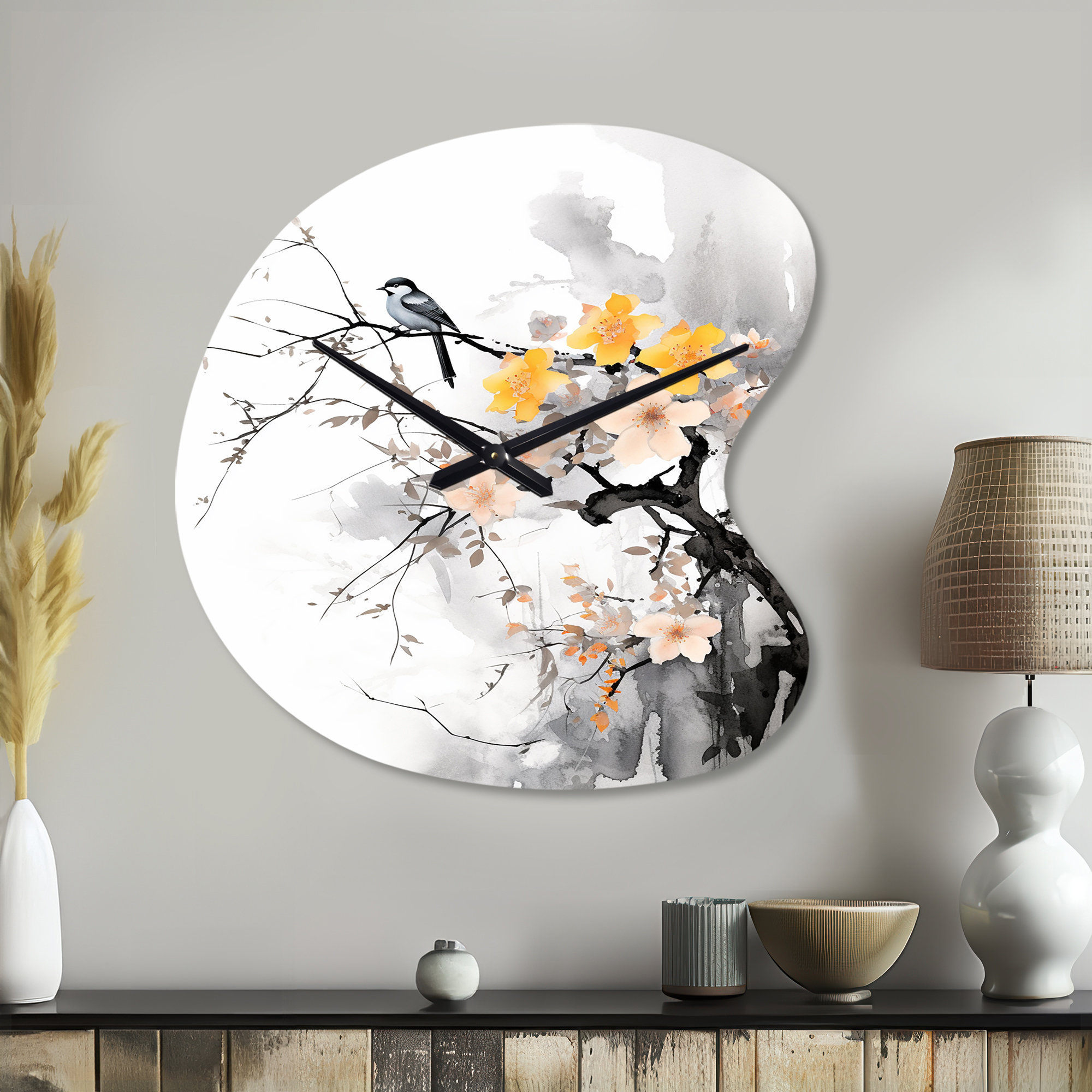 Design Art Asian Art Bat Sumi - Asian Art Asymmetrical Metal Clocks ...