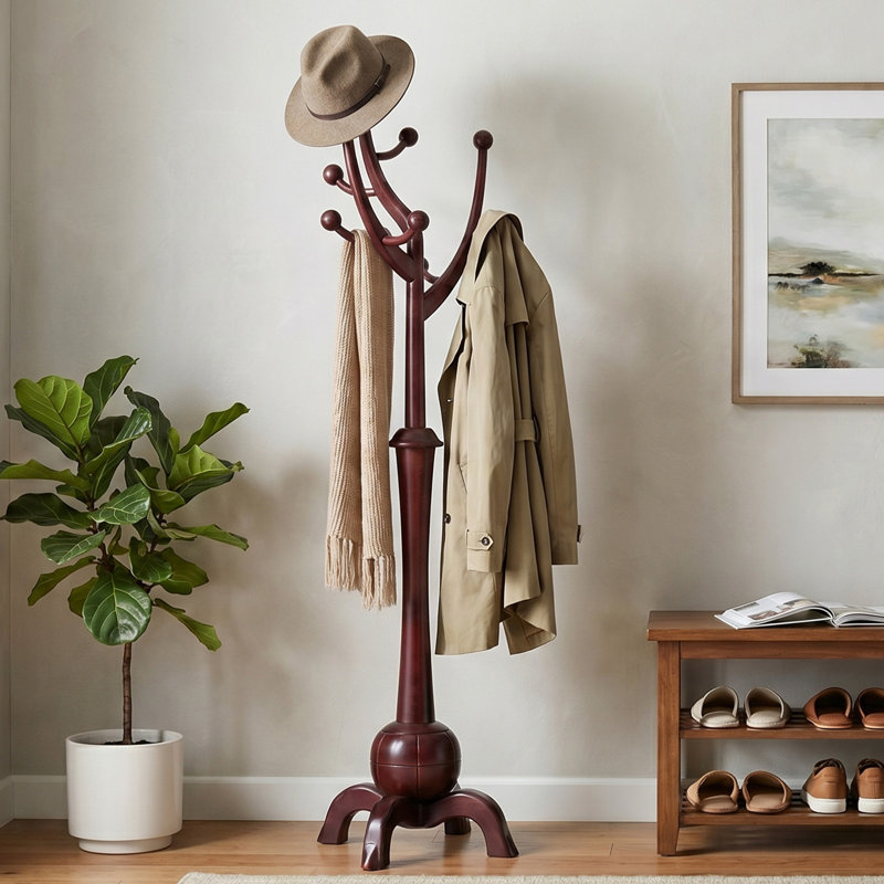 Janiya 8-Hook Solid Wood Freestanding Coat Rack , Dark Red