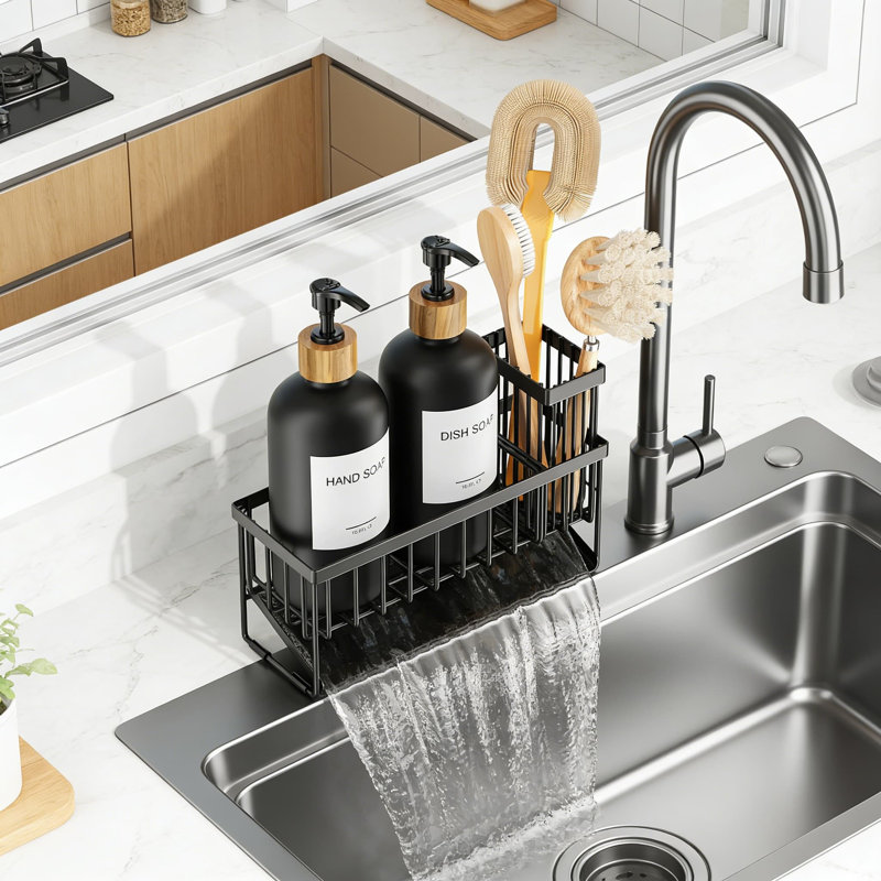 Kitchen Soap Dispenser Set With Sponge Holder - 2 Glass Bottles, Adjustable Stainless Steel Rack, And Beveled Drain Plate For Sink Organization
