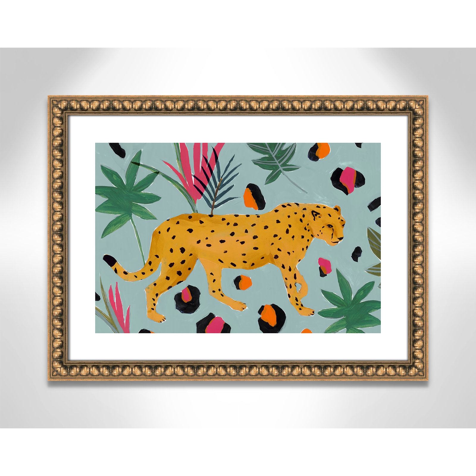 Nyles "Walking Cheetah II" Painting by Isabelle Z, 17" H x 23" W x 1.13" D, Gold Bead Framed Paper