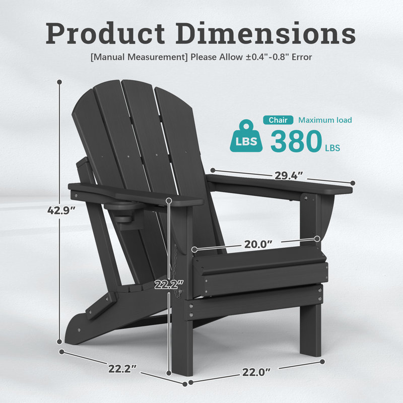 HDPE Outdoor Adirondack Foldable Chair With Cup Holder, Black