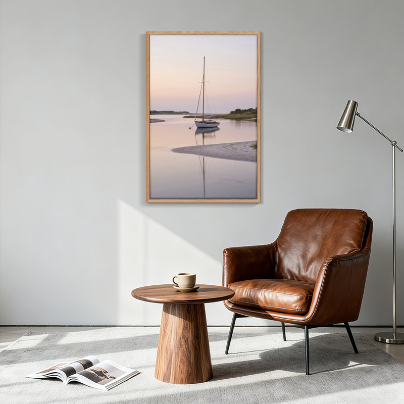 Ensemble de 1 tableau sur toile représentant un coucher de soleil sur un voilier, H 48 po x l 32 po, Naturel