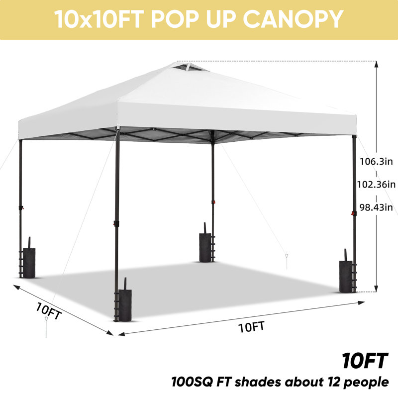 10X10 Pop Up Canopy  Tent With One Push Setup,  Instant Portable Shelter With Sandbags, White, 10 ft. W x 10 ft. D, White