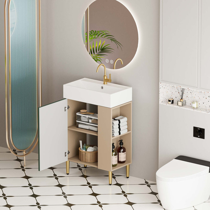 Meuble-lavabo à tablettes ouvertes de 21,6 po avec lavabo en céramique et porte à fermeture douce, armoire de rangement à tablettes ouvertes sur le côté droit, assemblage requis