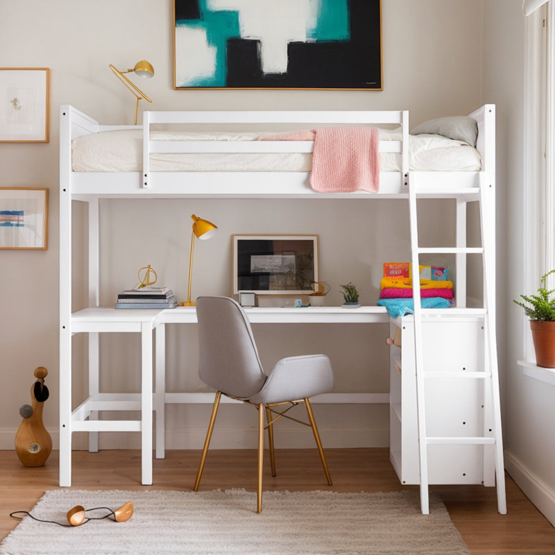 Twin Size Loft Bed With Desk, Wooden Loft Bed With Shelves,, White
