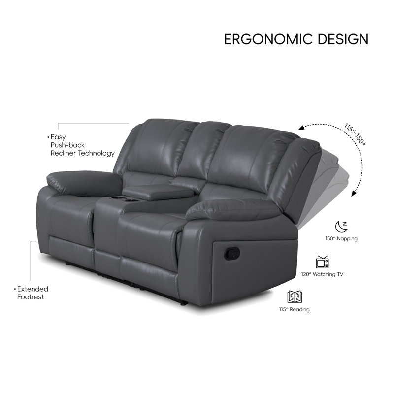 Causeuse inclinable de 72 po de largeur en similicuir avec rangement et porte-gobelets, Grey