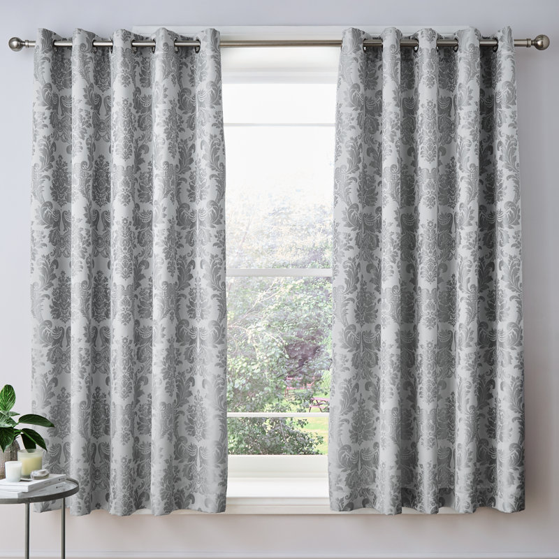 Damask Jacquard Lined Eyelet Curtains Silver Grey, 168 W x 229 D cm