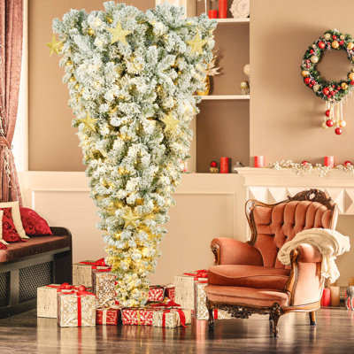 ? Décoration de Noël? Arbre de Noël à l'envers de 6 pi avec flocage blanc, 360 lumières DEL chaudes et 8 décorations en forme d'étoile dorée