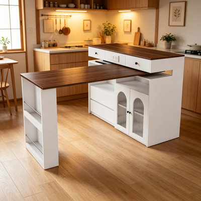 Rotating Expandable Kitchen Island with Built-In Power Station, Walnut Veneer Top, 4 Drawers & Arched Glass Storage Cabinet